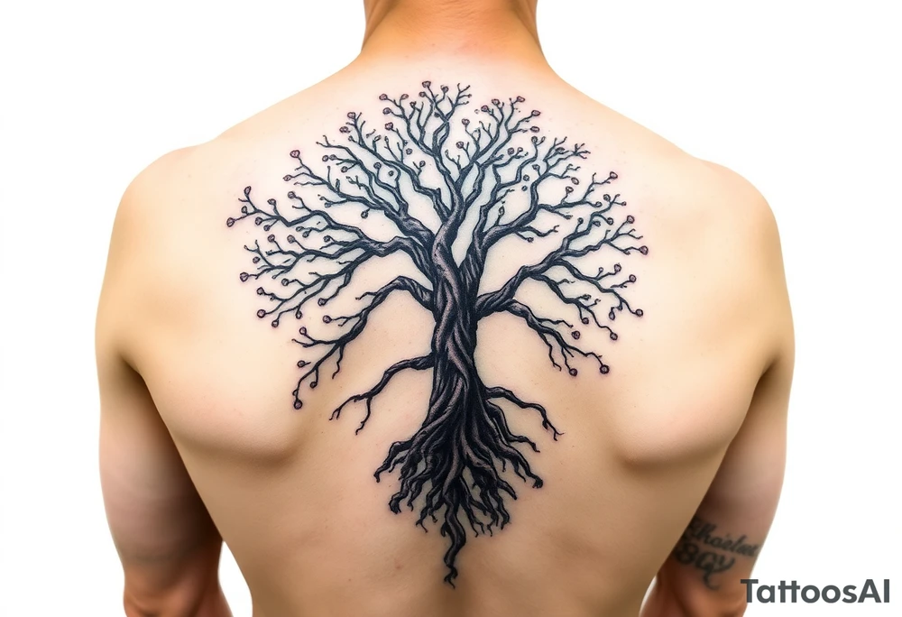 mystical tree of life with cosmic roots and celestial branches tattoo idea