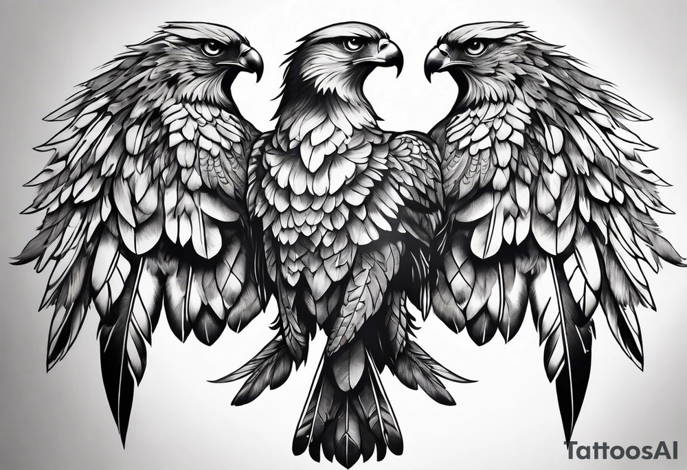 Hawk wings across male upper back and shoulders with detailed feathers, extending a few inches down each arm tattoo idea