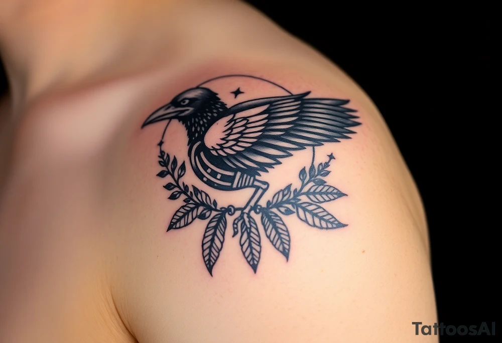 Raven skeleton with peackock feathers and ornaments around tattoo idea