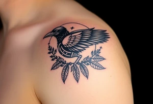 Raven skeleton with peackock feathers and ornaments around tattoo idea