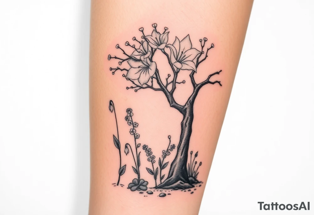 Lilly of the vally plants underneath a blooming hawthorn tree with other plants on ground tattoo idea