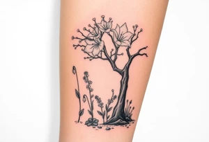 Lilly of the vally plants underneath a blooming hawthorn tree with other plants on ground tattoo idea