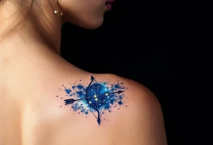A Sagittarius bow and arrow with the star constellation embedded surrounded by midnight blue. tattoo idea