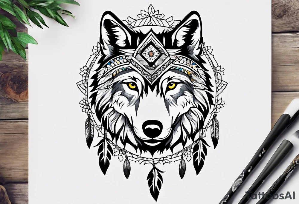 A whimsical wolf tattoo featuring mandala or dream catcher elements, with the wolf as the central focus. Show the wolves whole body standing surrounded by mountains in the background. Include flowers and nature elements to fill the space around the wolf. Some color but not completely solid bold color tattoo idea