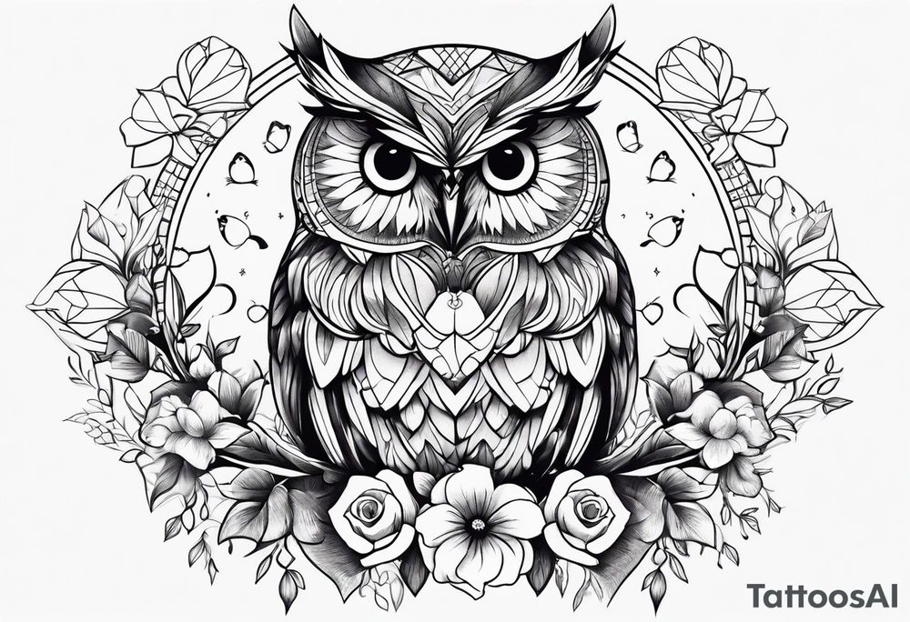 Owl flowers butterflies tattoo idea