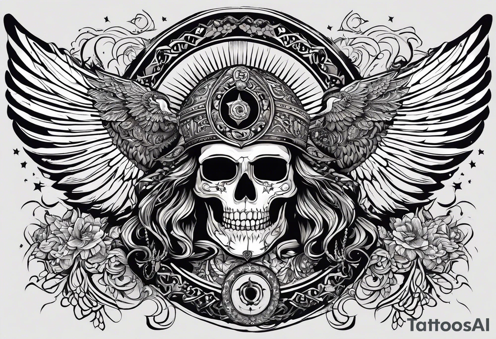 black kali, goddess pirate, alien, angel, pachamama, valkrye, warrior, flying, skull, lotus azul, wing, eagle, zenza resonance, stars, 5D, anahata chakra, death, durga, riding on a tiger, flying lady tattoo idea