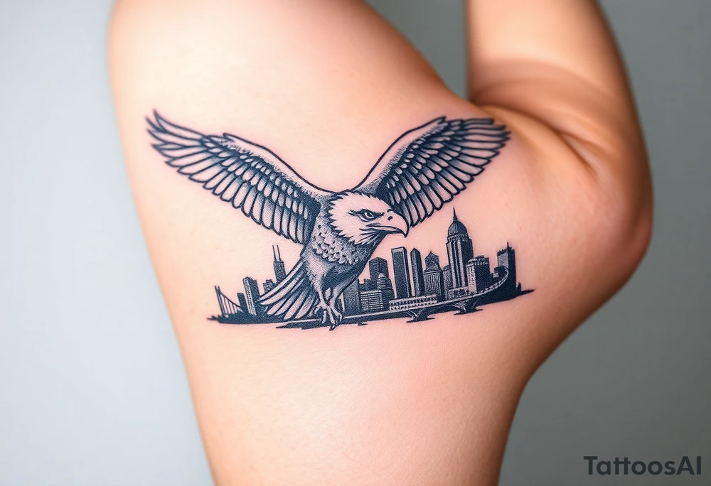 Philadelphia Eagle flying over Philadelphia city skyline faded with a Go Birds under it on arm tattoo idea