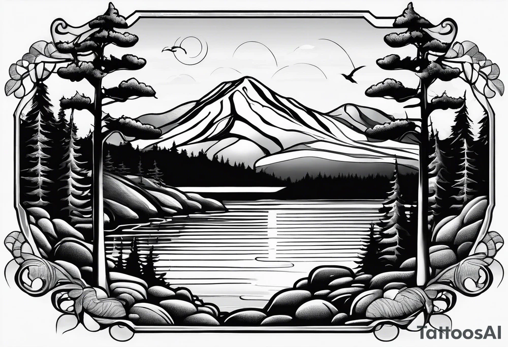 shoulder/upper arm design. pebble beach on a lakefront with a lake surrounded by tall trees and a mountain backdrop. Has reflections across the lakewater tattoo idea