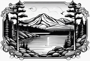 shoulder/upper arm design. pebble beach on a lakefront with a lake surrounded by tall trees and a mountain backdrop. Has reflections across the lakewater tattoo idea