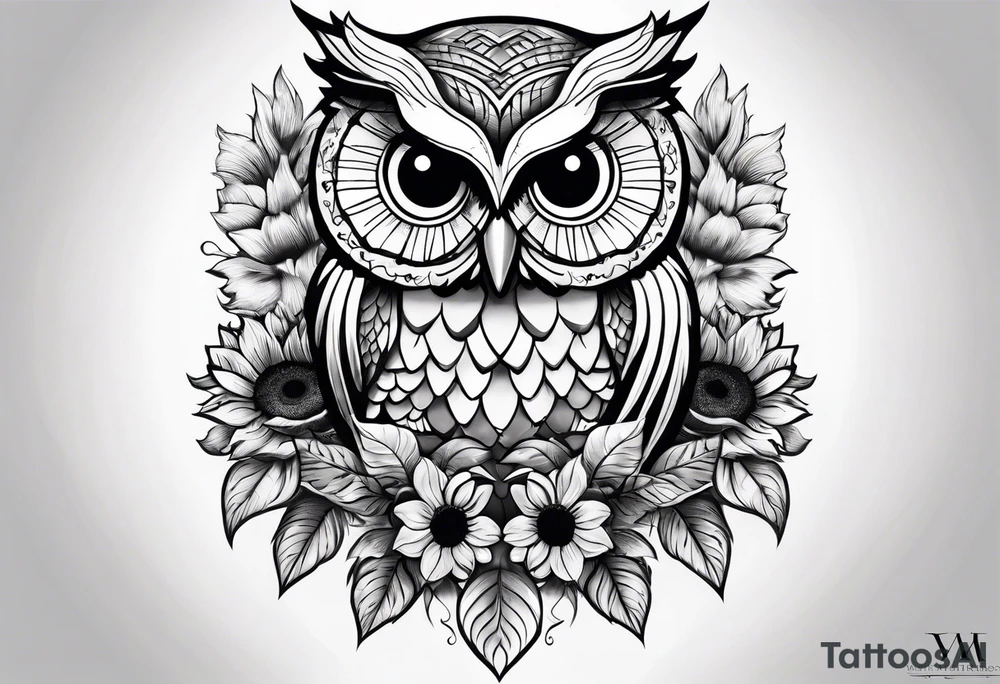Black and white owl with sunflowers leg sleeve tattoo idea