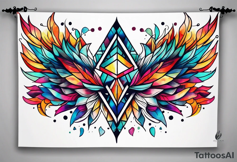 Bold geometric tapestry trident in colour on arm tattoo idea