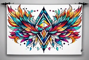 Bold geometric tapestry trident in colour on arm tattoo idea