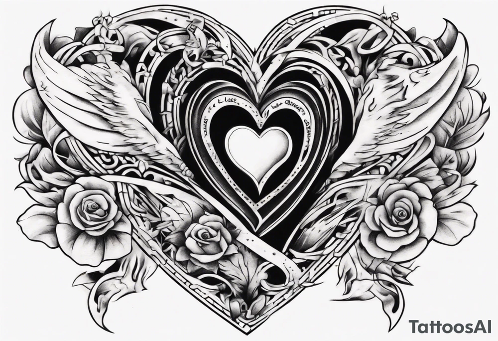 A black heart with the words Lucas and Margaret tattoo idea