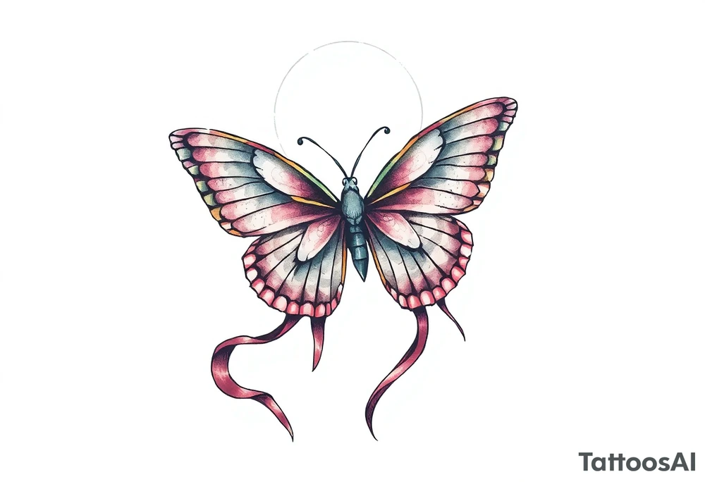 ethereal butterfly with flowing silk ribbons in moonlight tattoo idea
