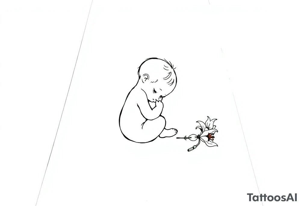 A simple tile floor with a minimalist outline of a curled up child sitting on the floor with a lily next to her tattoo idea