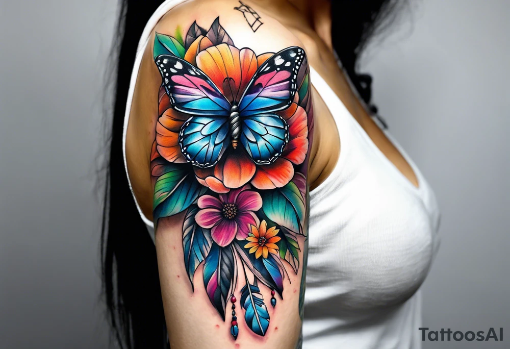 arm sleeve with dreamcatcher, rainbow flowers and one butterfly tattoo idea
