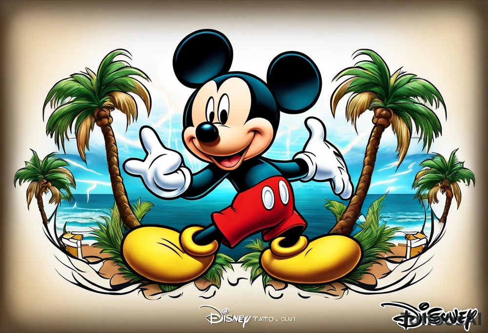 mickey mouse holding lightning with palm trees doing martial arts at the disney castle tattoo idea