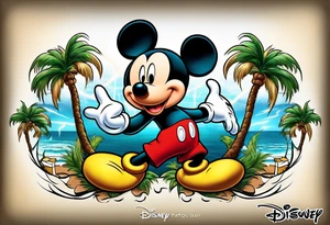 mickey mouse holding lightning with palm trees doing martial arts at the disney castle tattoo idea