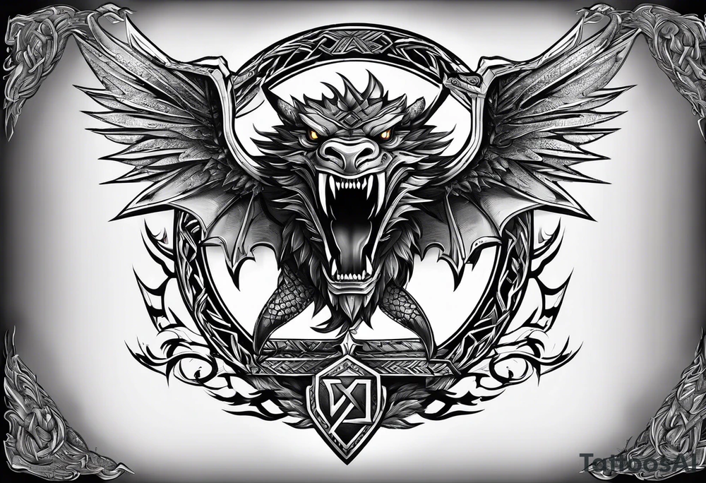 Valhalla sword shield dragon head axe Valknut tattoo idea