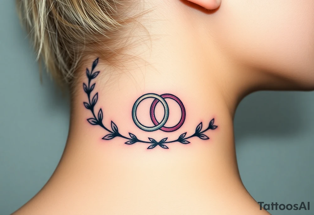 A delicate laurel wreath encircling a pair of wedding rings tattoo idea