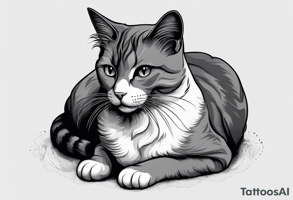 Simple line drawing of a grey cat white some small white patches on her belly and white paws. Face is all grey.  I want her curled up sleeping. She has short hair. tattoo idea