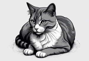 Simple line drawing of a grey cat white some small white patches on her belly and white paws. Face is all grey.  I want her curled up sleeping. She has short hair. tattoo idea