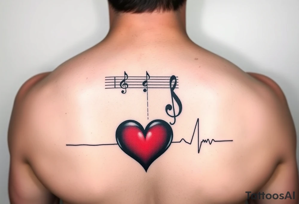 Music staff with treble clef and music notes and Ekg line with red heart tattoo idea