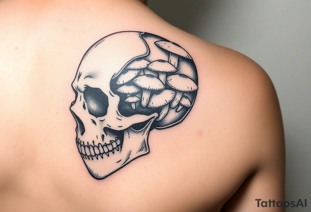 right side of a skull with lots of mushrooms growing out of its eyes tattoo idea