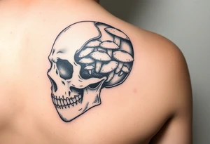 right side of a skull with lots of mushrooms  growing out of its eyes tattoo idea