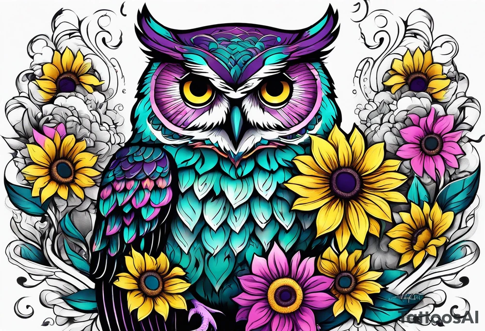 Teal, pink and purple owl and yellow sunflowers sleeve tattoo idea