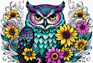 Teal, pink and purple owl and yellow sunflowers sleeve tattoo idea