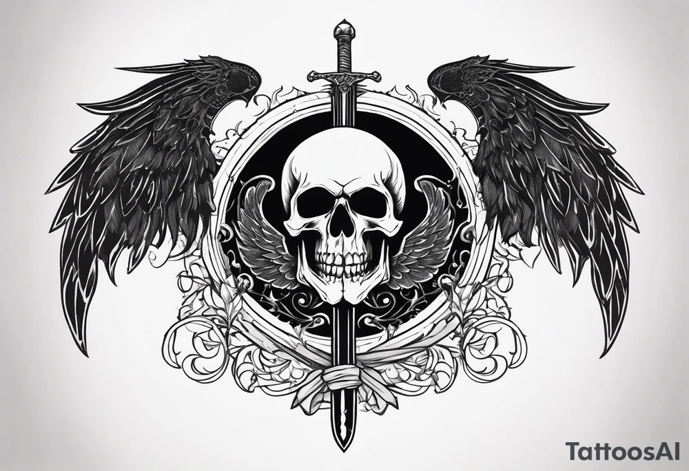 In the center is a half skull pierced by a large sword. On either side of the skull, there are spread angel wings, Beneath the skull is a ribbon with latvian symbols that weaves through both the skull and the sword tattoo idea