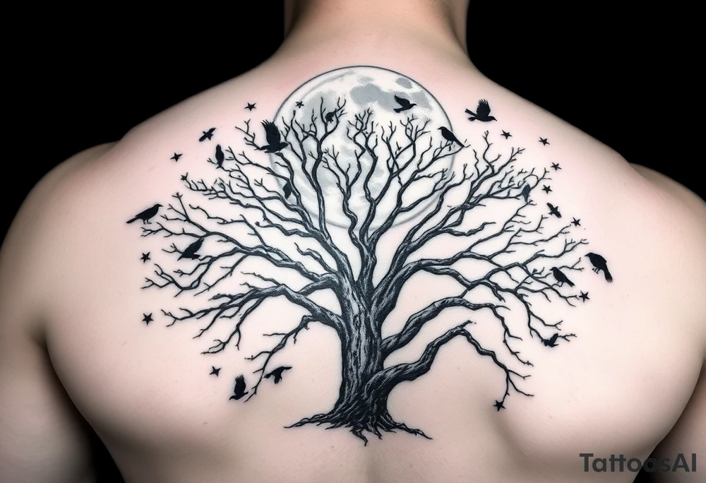 A very realistic, large tree of life that is bare with lots of crows flying  above. a moon that is as large as the entire picture. Large Viking hatches that cover my entire shoulder blades behind the tree and moon  This is a backpiece. tattoo idea