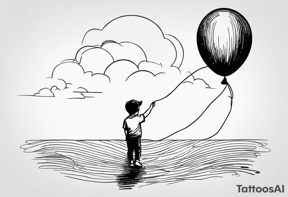 tatoo in sketch style only.
A little boy is holding a string to the hearth shaped small party baloon.
boy should be drawed from behind and has one hand reaching up in 45 degree angle and holding the baloon string
On the string is a big wave look like a hearbeat pulse.
draw it without any scenery. tattoo idea