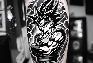 Portrait of Goku from dragon ball z shooting off a Kamehameha and underneath that a Portrait of his child hood home and underneath that a Portrait of his wife chi-chi in her fighting outfit tattoo idea