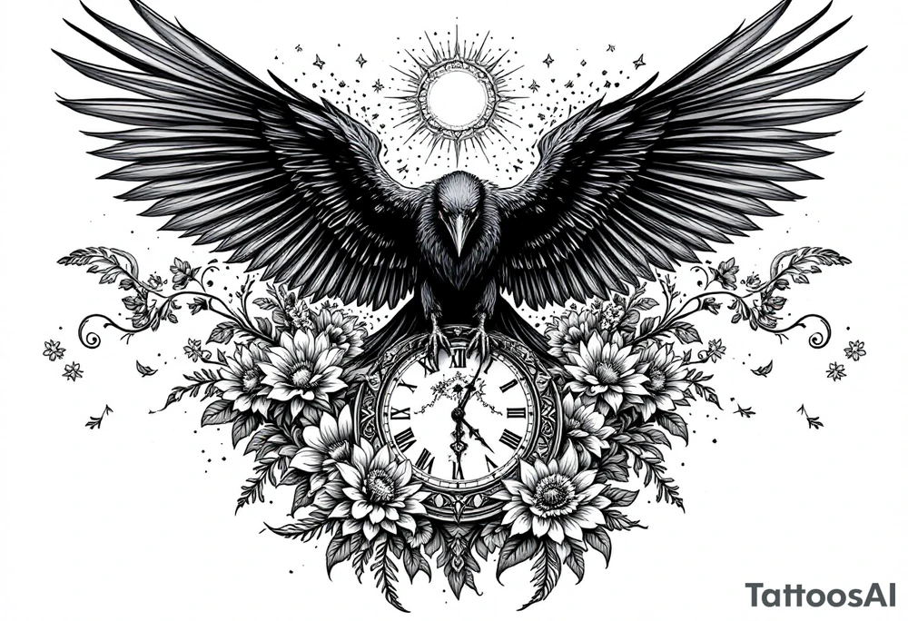 mandala winged black raven surrounded by flowers standing on a clock face tattoo idea