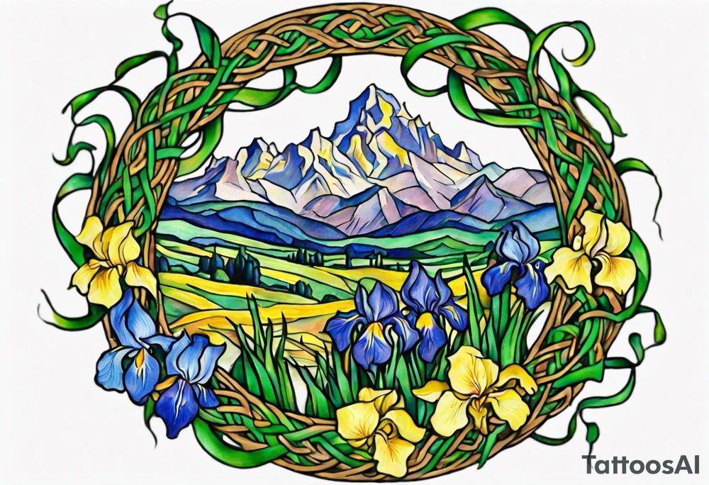 Create a small, thick, colorful Vincent van Gogh Irises tattoo, with vines in Celtic knots gracefully intertwining at a central point in the middle of the wreath. Inside the tattoo is mountains. The intended placement is on the upper chest. The overall design should be small in size while maintaining a delicate and artistic aesthetic. Pay attention to the graceful flow of the vines and the placement of the irises to achieve a refined and elegant look. tattoo idea