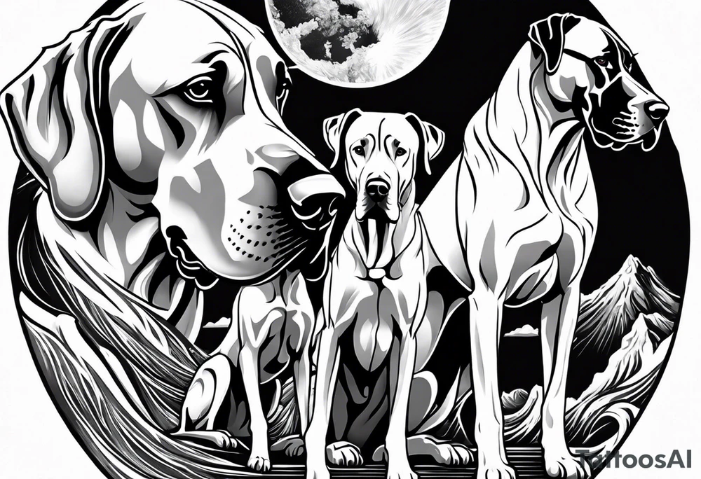 Arm sleeve-  with four Great Danes in front of waterfall tattoo idea
