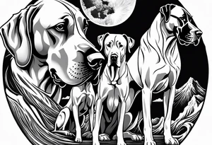 Arm sleeve-  with four Great Danes in front of waterfall tattoo idea