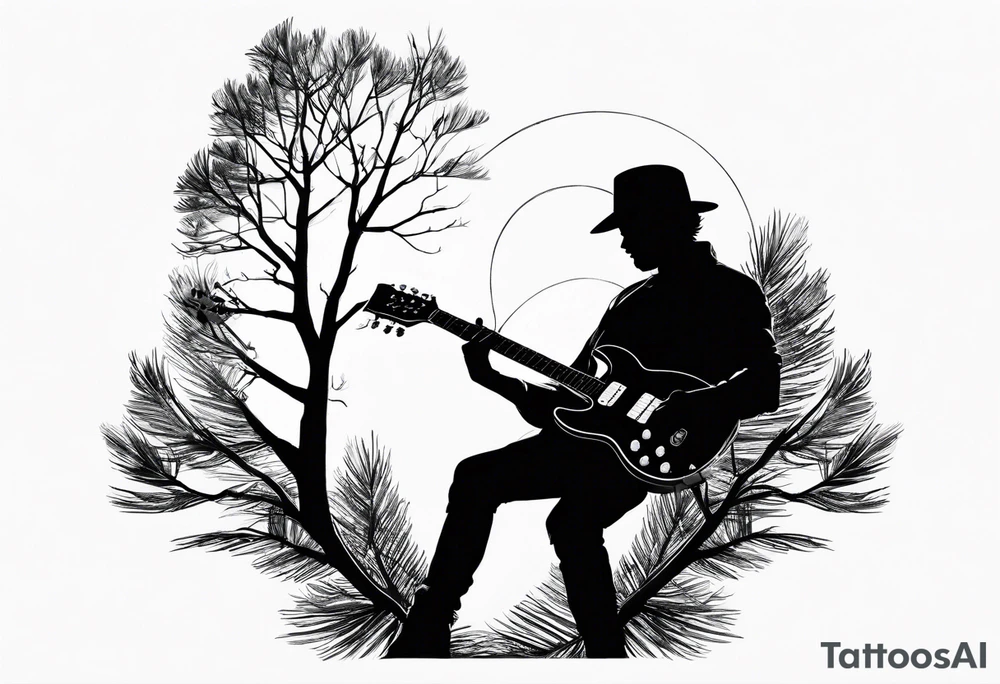silhouette of a man playing electric guitar while sitting in a pine tree. tattoo idea