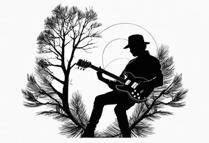 silhouette of a man playing electric guitar while sitting in a pine tree. tattoo idea