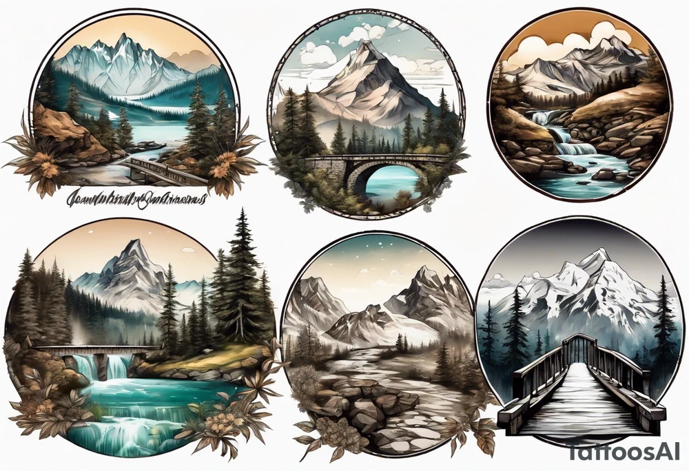 mountain landscape with a bridge connecting mountains tattoo idea