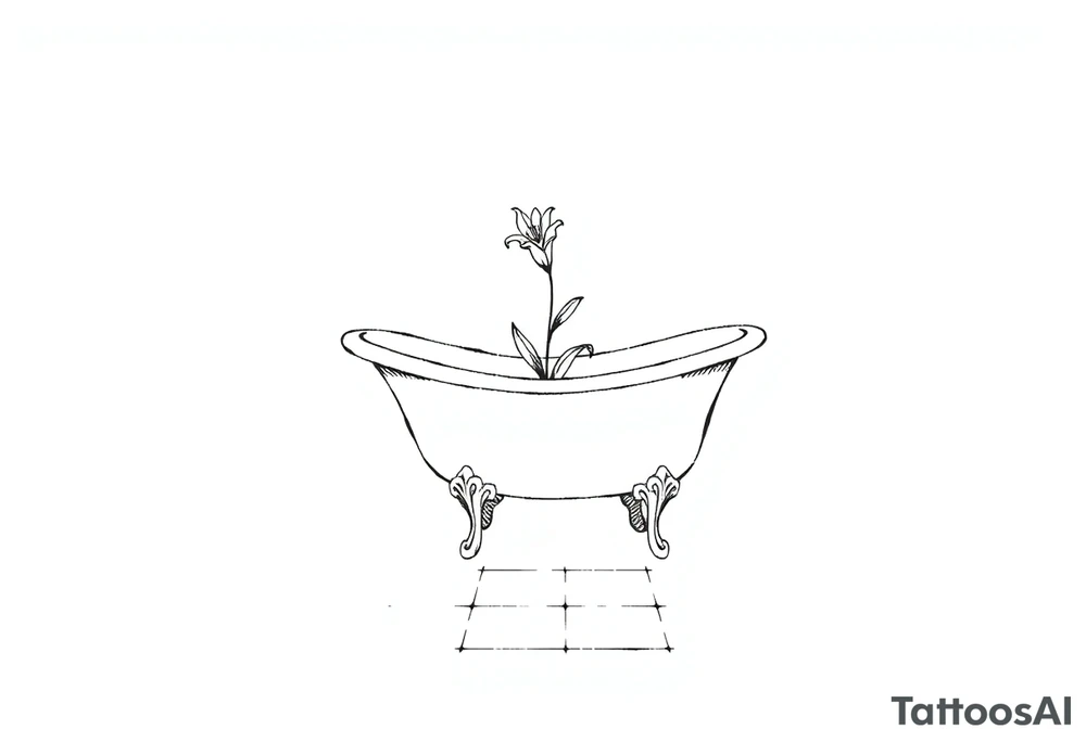 Clawfoot bathtub with lily coming up from tile floor tattoo idea