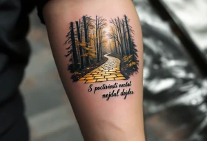 "S poctivosti nejdal dojdes." — A path made of golden bricks winding through a forest, with the phrase etched in elegant black script beneath. tattoo idea