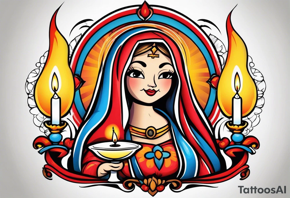 virgin maria holds 1 candle in her hand, tattoo should be full color tattoo idea