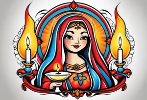 virgin maria holds 1 candle in her hand, tattoo should be full color tattoo idea