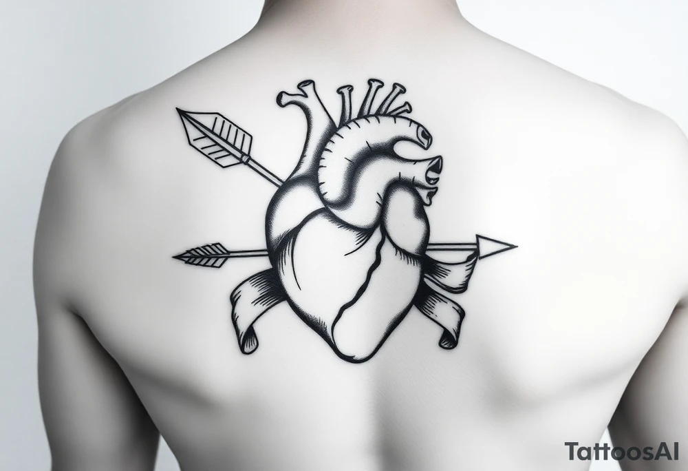 anatomical heart pierced by ornate arrow with flowing ribbons tattoo idea