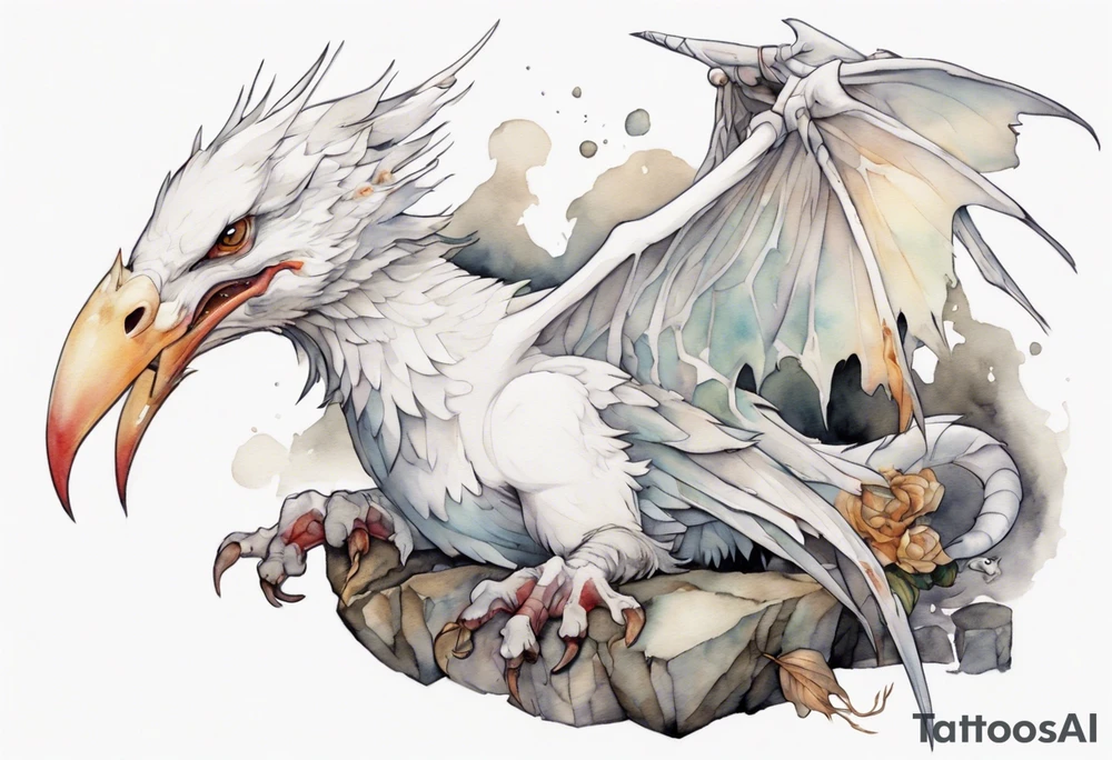 a white bird-wyvern hybrid wearing a plain iron bracelet around leg, perched on a stone tattoo idea