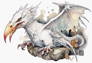 a white bird-wyvern hybrid wearing a plain iron bracelet around leg, perched on a stone tattoo idea