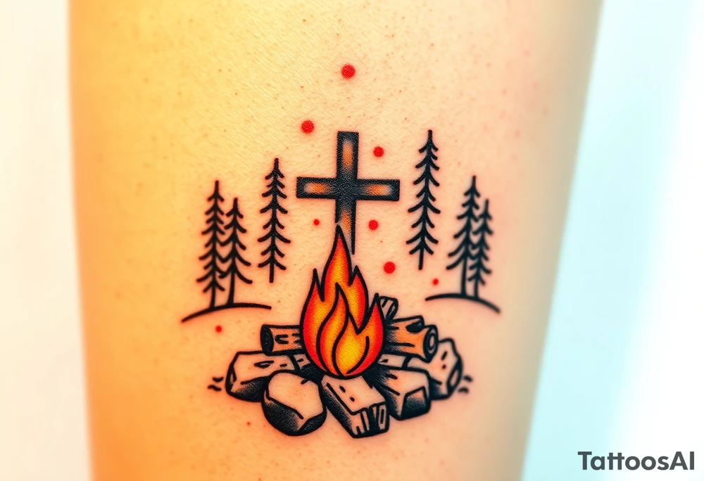 Campsite with a campfire with a cross tattoo idea